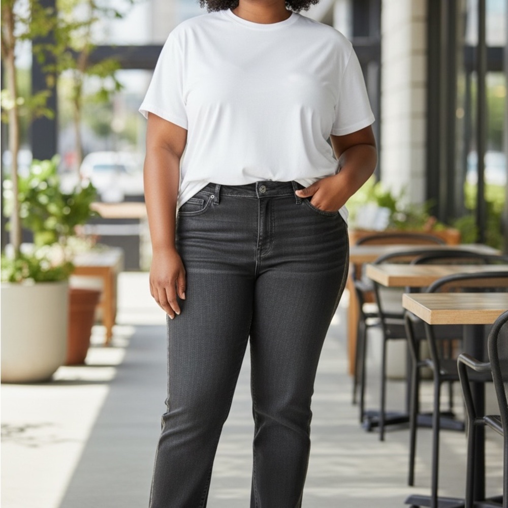 Lane Bryant Straight-Leg Jeans in Charcoal Black With Sidestripe.